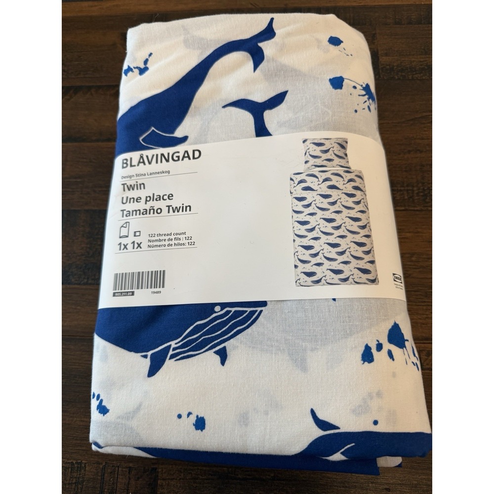 IKEA BLAVINGAD Whale Pattern Twin Comforter Duvet Cover & Pillowcase Blue/White